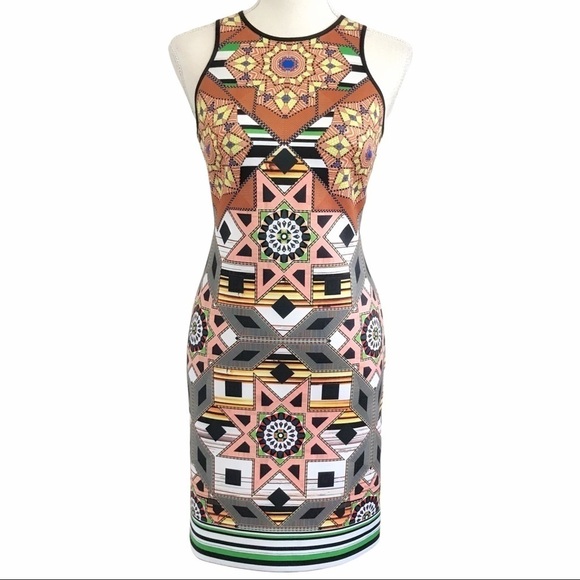 đť…şclover CANYON MULTI PATTERN NEOPRENE SLEEVELESS BODYCON DRESS - M - Picture 1 of 9